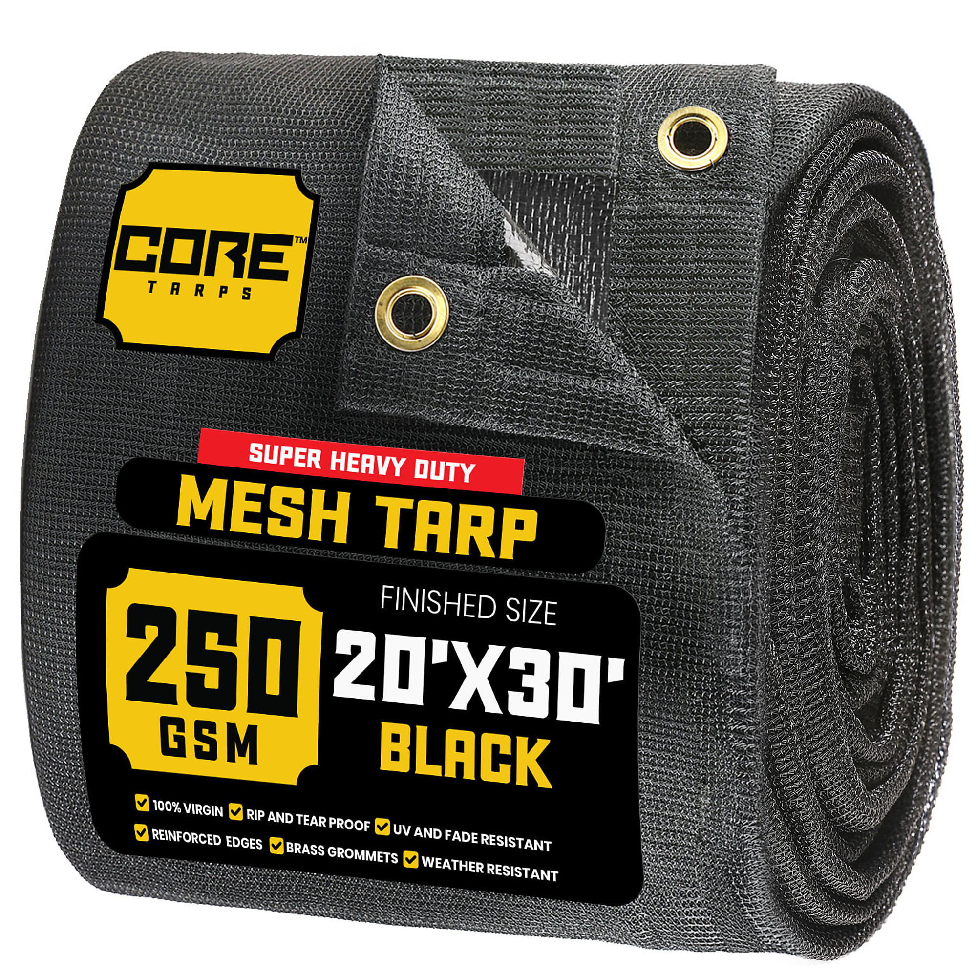 Core Tarps Heavy Duty Mesh Tarp — 20ft. x 30ft., 250 GSM, 7.5 Oz., Polyethylene, Black, Model# CT-801-20X30